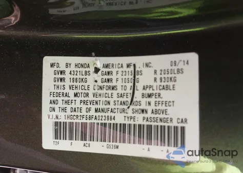 2015 Honda Accord Sport из США, поврежденный, VIN 1HGCR2F58FA023984